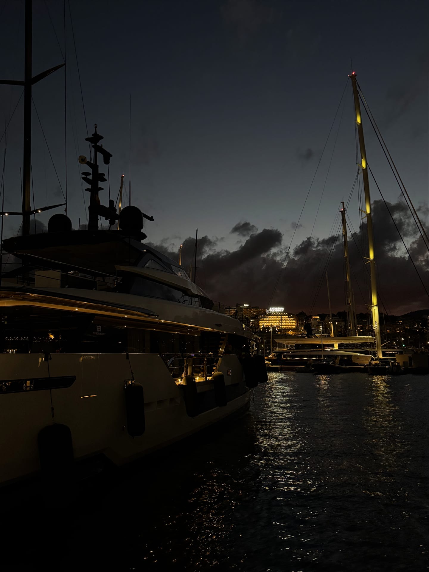 Motor yachts moored in a marina at dusk